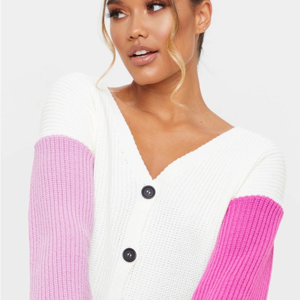 Large PrettyLittleThing White and Pink Sleeve Colorblock Button-Up Cardigan Cozy - Picture 12 of 12